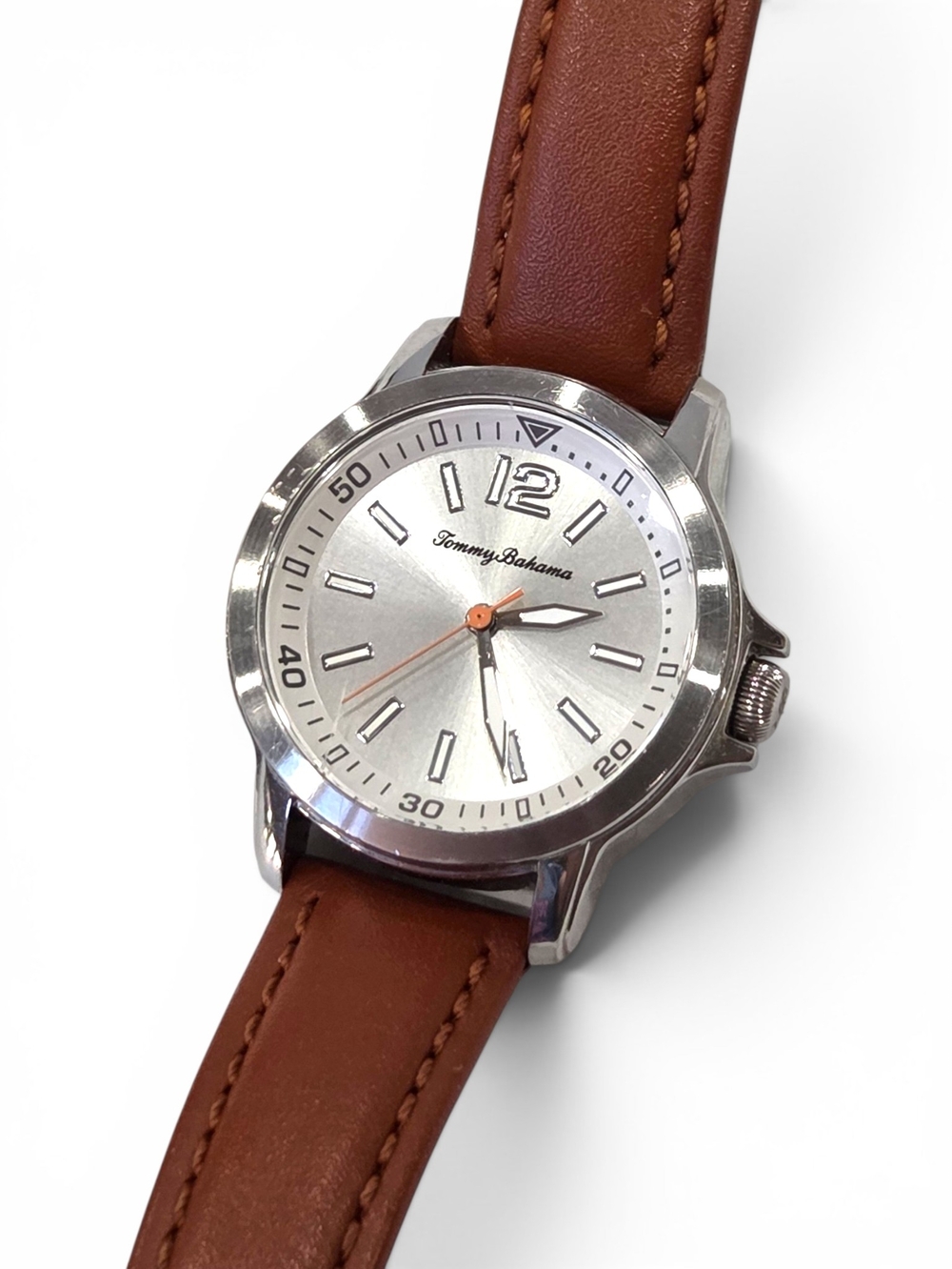 Tommy Bahama Watch Silver Sunburst Dial Brown Genuine Leather Strap 16mm